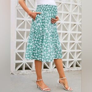 New! FunJuly Womens Large Floral Flowy Teal Maternity Skirt with Pockets